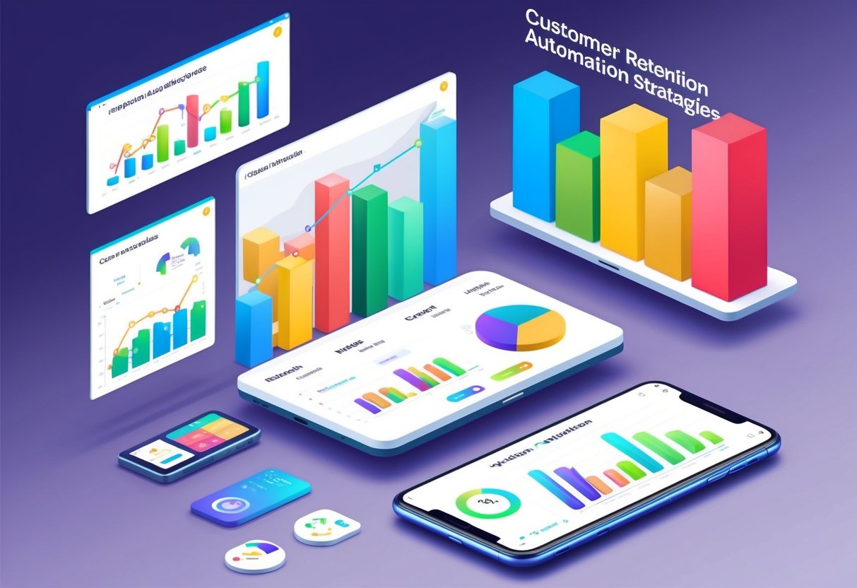 Uma interface moderna e elegante exibe várias estratégias de automação para retenção de clientes, com gráficos e tabelas coloridos mostrando resultados bem-sucedidos.