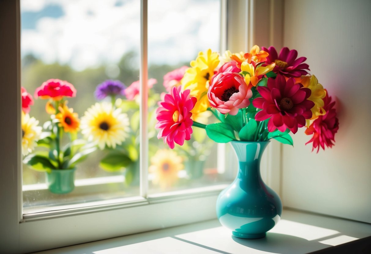 A vase of vibrant fake flowers sits on a sunlit windowsill