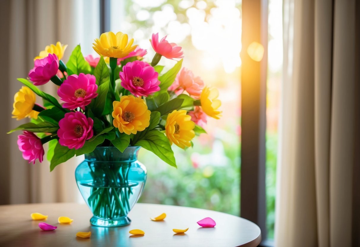 A vase filled with vibrant artificial blooms brightens a room, surrounded by natural light and complemented by a few scattered petals