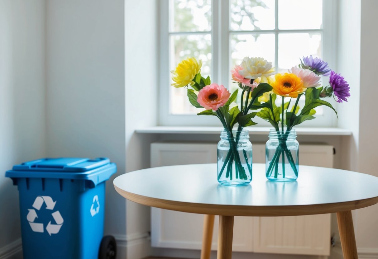 A table with synthetic flowers in a bright, airy room. A recycling bin nearby. Sunlight filters through the window onto the colorful blooms