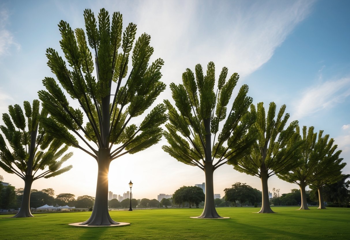 Lifelike artificial trees stand in a park, their branches swaying in the breeze under the open sky