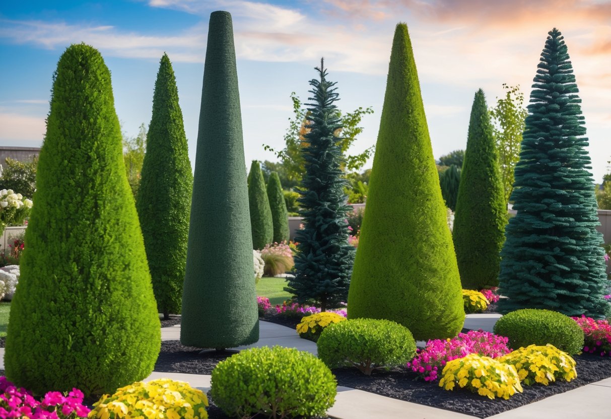 Several artificial outdoor trees of varying heights and types arranged in a landscaped garden setting with colorful flowers and greenery