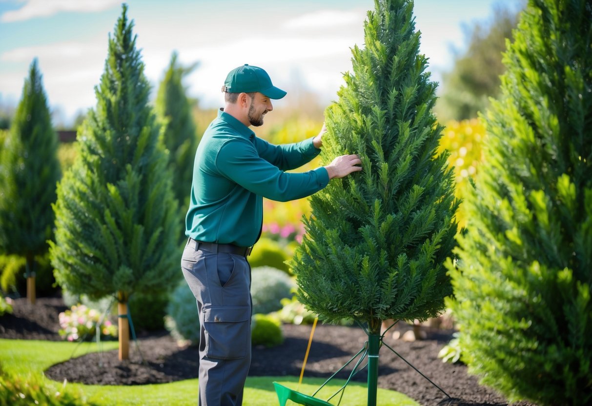 A landscaper carefully arranges lifelike artificial trees in a garden, securing them in place with sturdy stakes and adjusting the leaves for a natural look