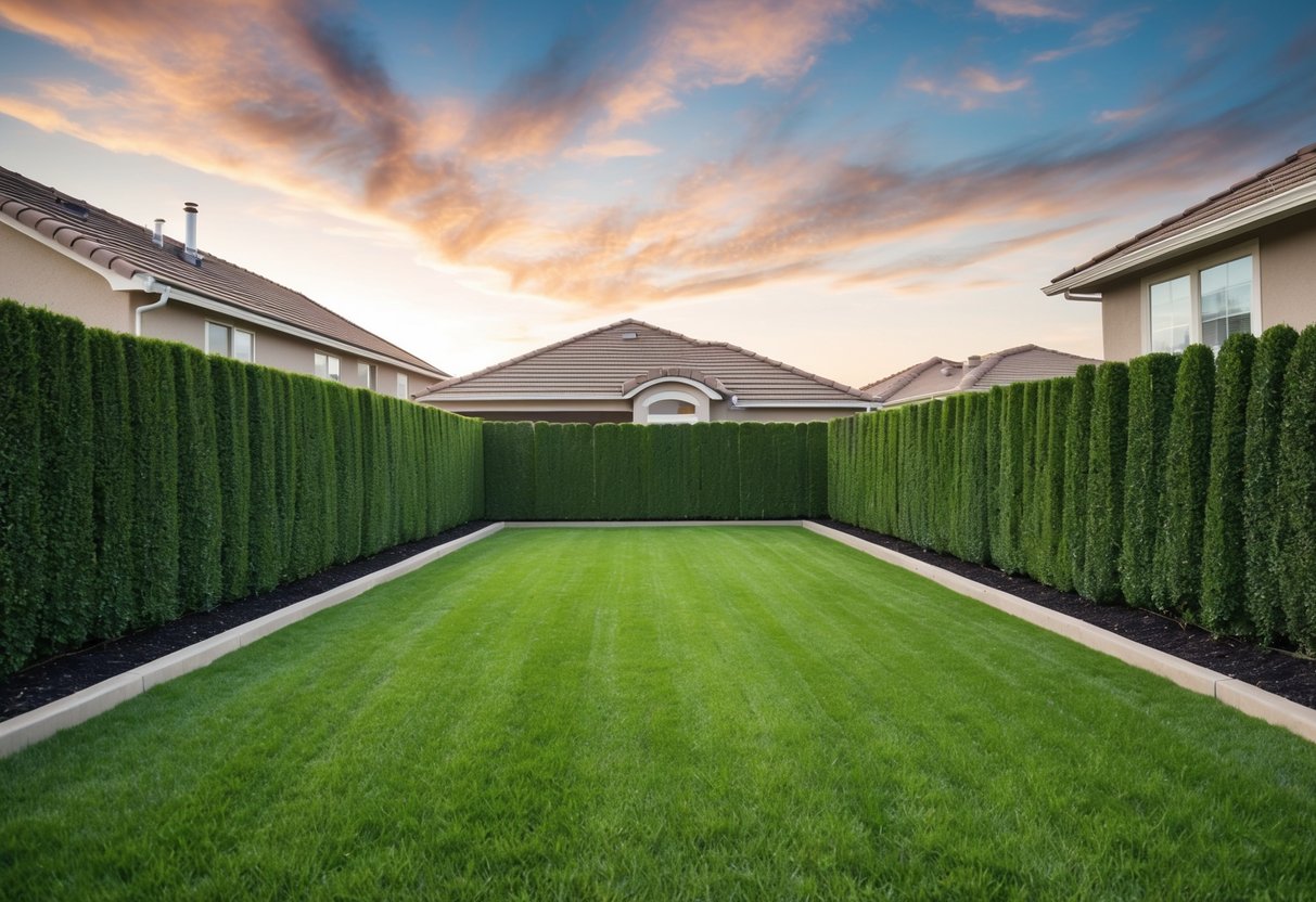 A suburban backyard with a neatly trimmed artificial privacy hedge lining the perimeter