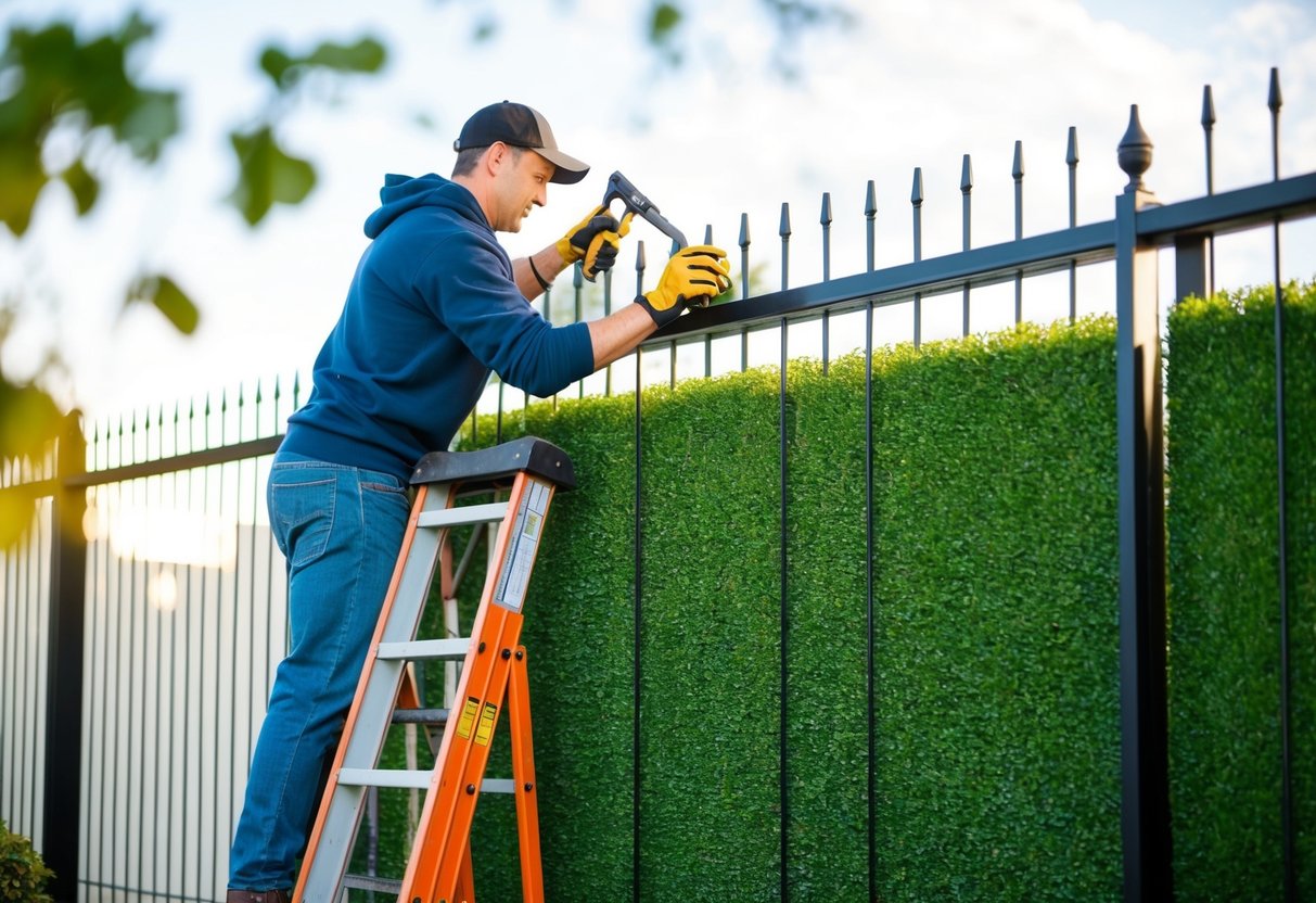 A person installing an artificial privacy hedge on a fence, using a ladder and tools