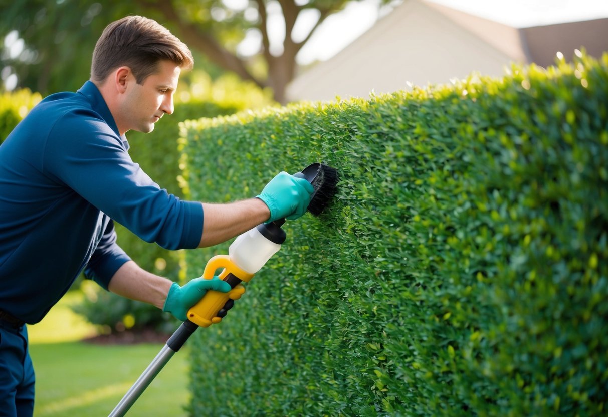 A person trimming and cleaning an artificial privacy hedge in a well-maintained outdoor setting