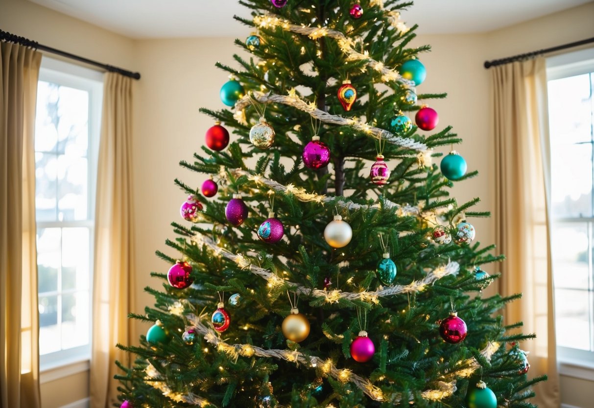 An artificial tree stands tall in a sunlit room, its branches adorned with colorful ornaments and twinkling lights