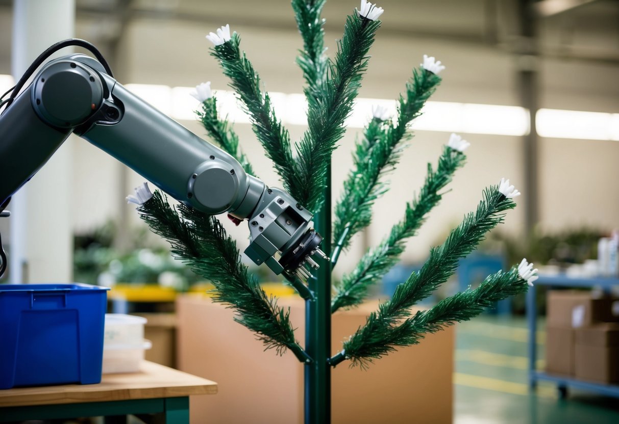 A robotic arm assembling plastic branches onto a metal trunk for an artificial tree