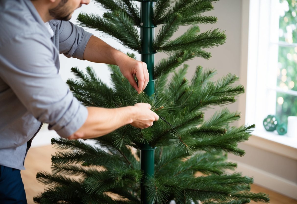 A person assembling an artificial tree with a stand, arranging branches, and fluffing needles