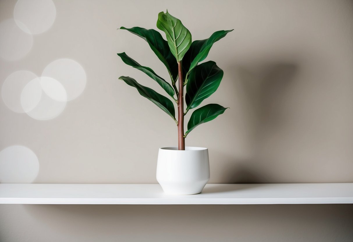 A fiddle leaf fake plant sits on a modern, minimalist white shelf against a backdrop of a neutral-colored wall