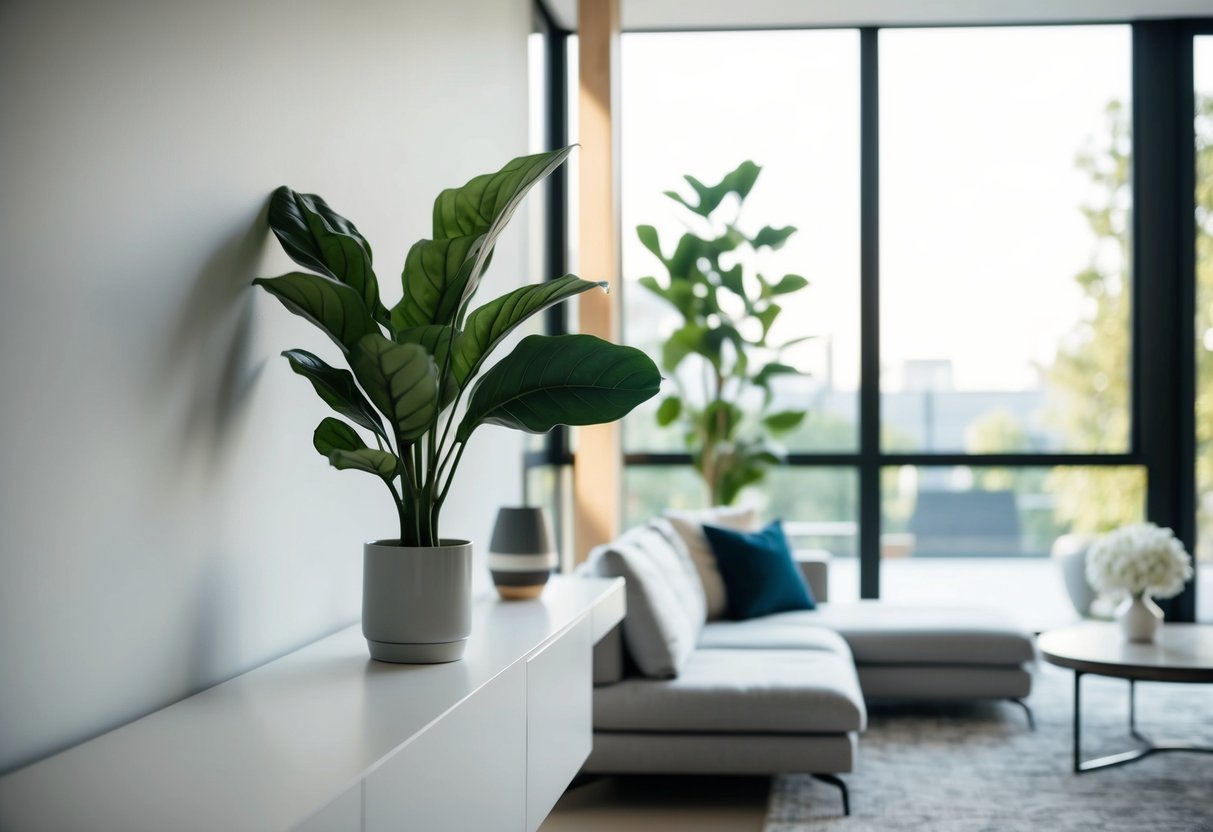 A modern living room with a faux fiddle leaf plant on a sleek white shelf, surrounded by minimalist decor and natural light filtering in through large windows