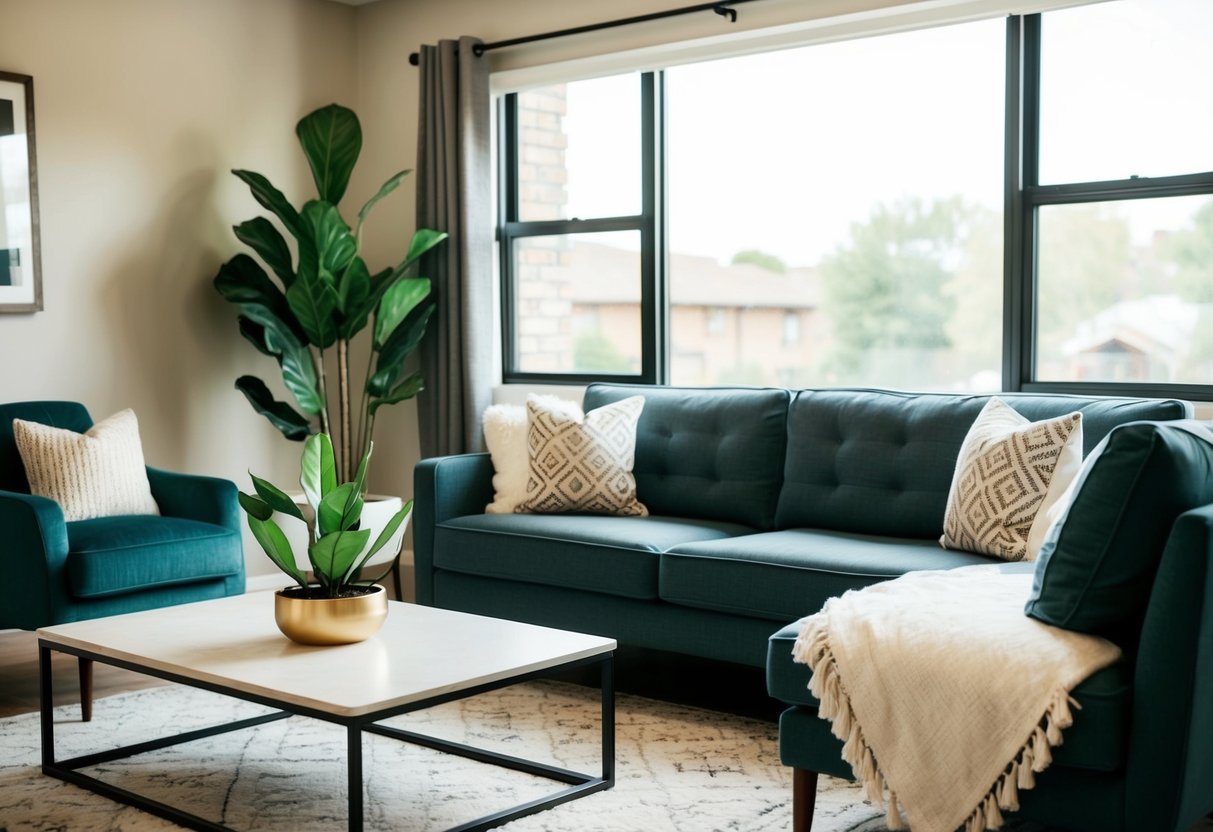 A cozy living room with a large window, a stylish sofa, and a coffee table adorned with a faux fiddle leaf plant