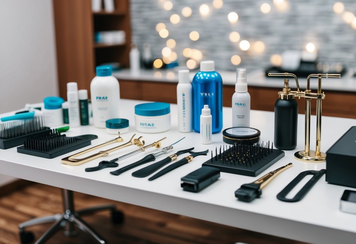 A table with various hair restoration tools and products neatly arranged, with a focus on PRP preparation equipment and supplies