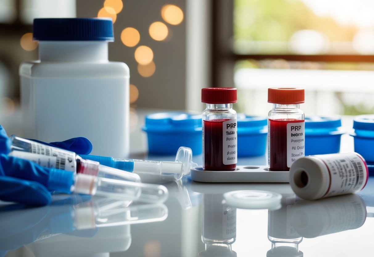 A table with PRP preparation equipment and vials of blood