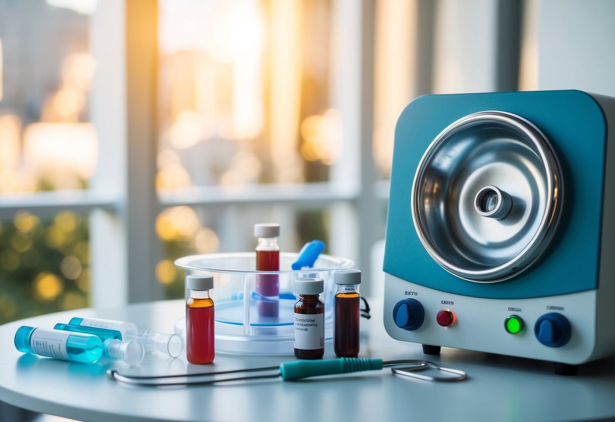 A table with medical equipment, vials of blood, and a centrifuge ready for PRP hair treatment