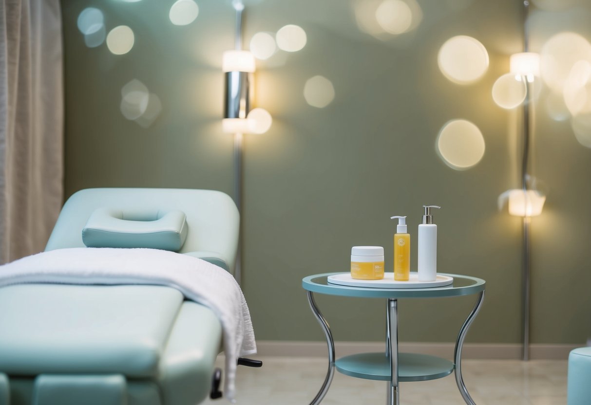 A serene spa room with a comfortable treatment chair, a table with hair care products, and soft lighting to create a relaxing atmosphere for post-treatment recovery and care