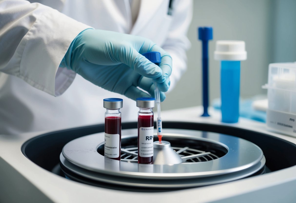 A technician draws blood into vials, then centrifuges them to prepare PRP for hair treatment