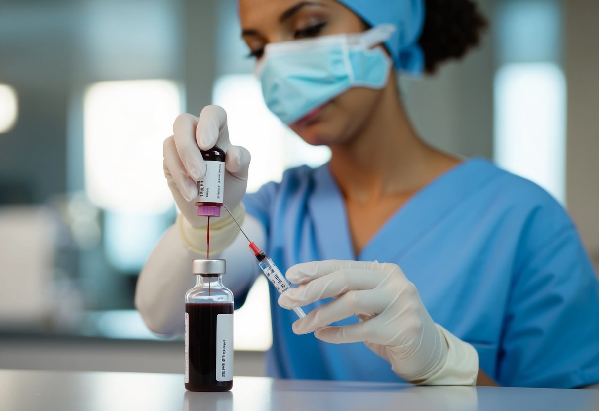 A nurse draws blood into a vial using a syringe