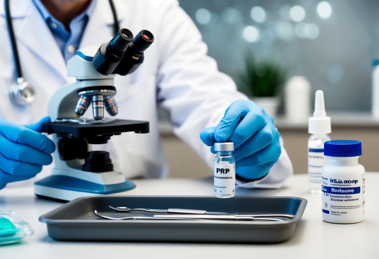 A doctor preparing a tray of medical instruments next to a vial of PRP solution, with a microscope and scalp treatment products in the background