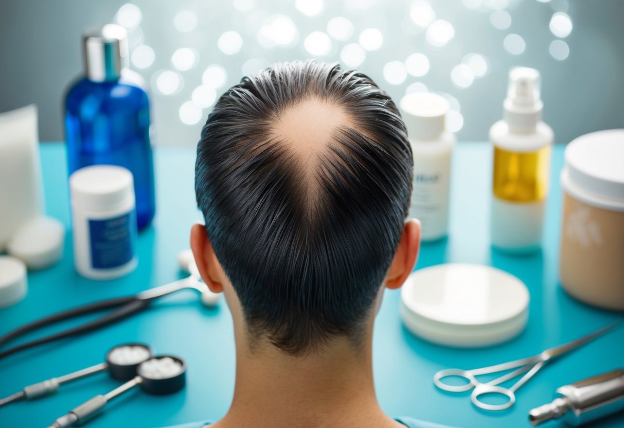 A scalp with clean, healthy skin and hair, surrounded by medical tools and products for preparation