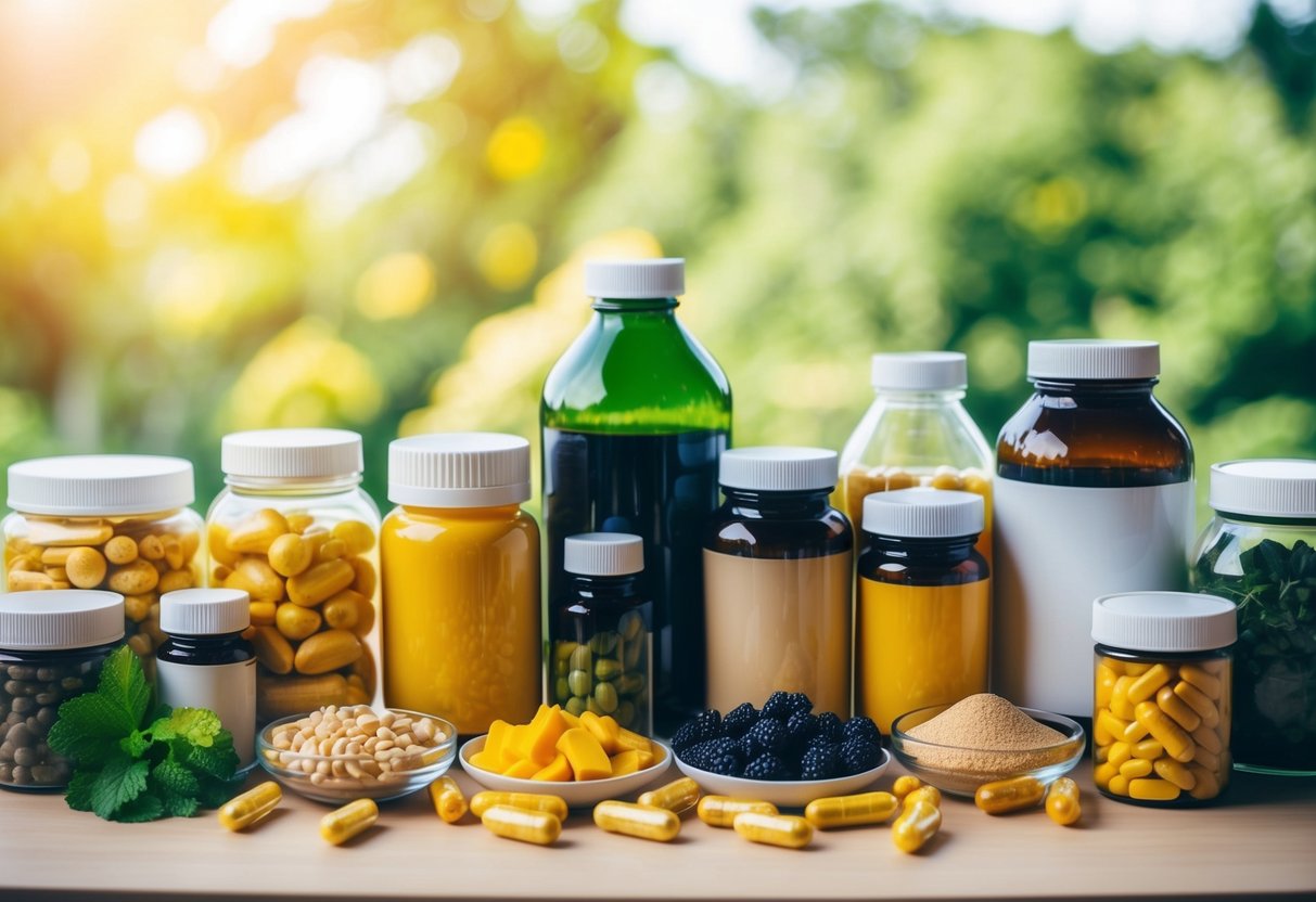 A table with various supplements and healthy foods, surrounded by bottles and jars of vitamins and minerals