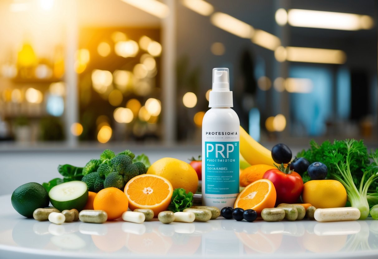 A table with a variety of fruits, vegetables, and supplements, alongside a bottle of PRP hair preparation