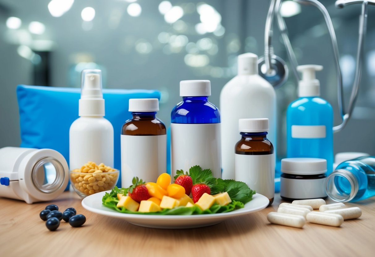 A table with bottles of supplements and a plate of healthy foods, surrounded by a backdrop of hair care products and medical equipment