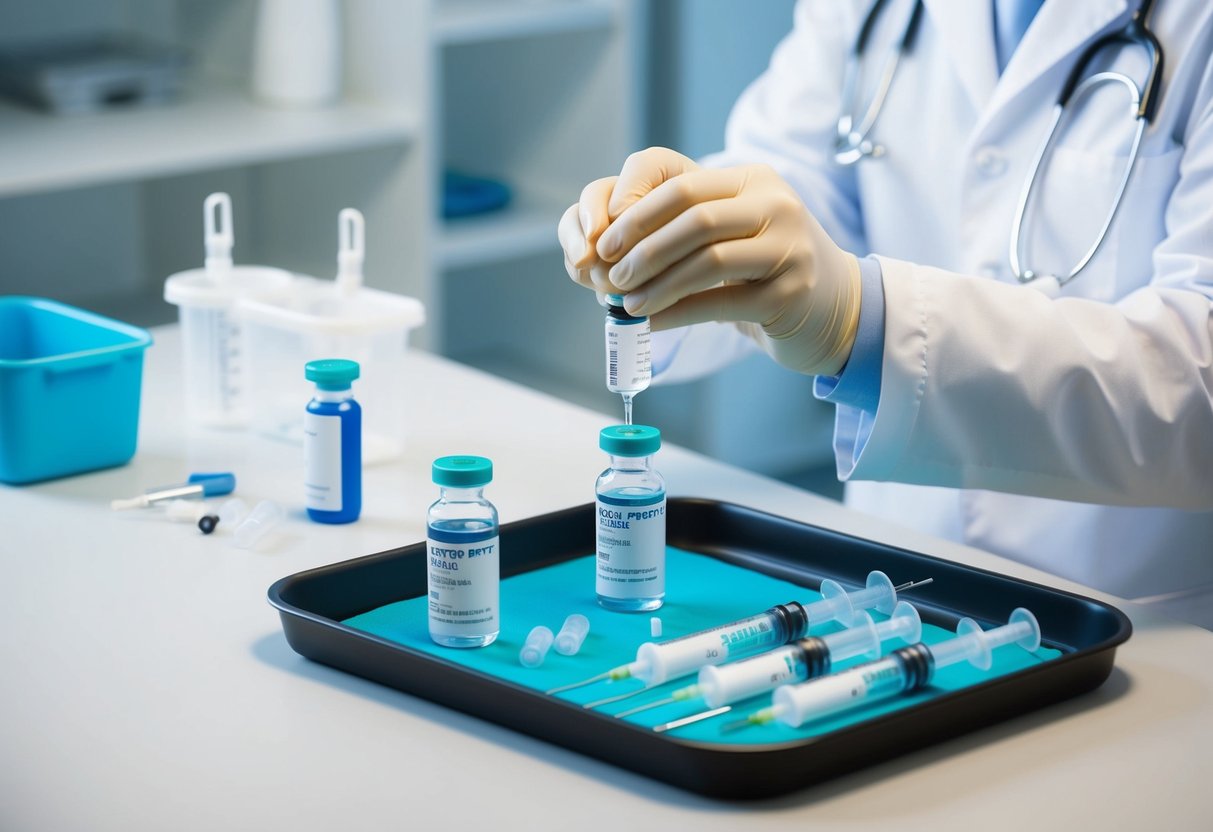 A doctor prepares vials of PRP solution, syringes, and sterilized equipment on a clean, organized medical tray in a well-lit clinical setting