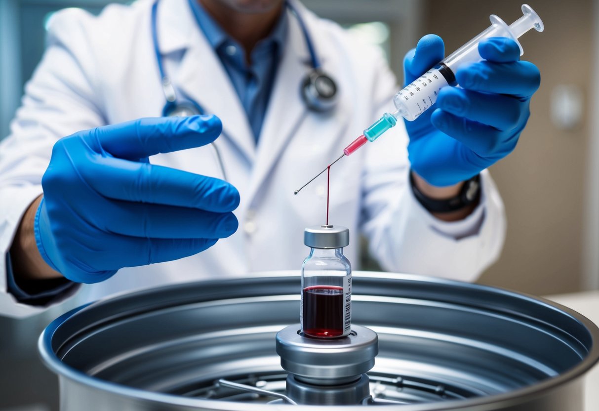 A medical professional preparing a syringe, drawing blood, spinning it in a centrifuge, and then injecting the concentrated PRP into a vial