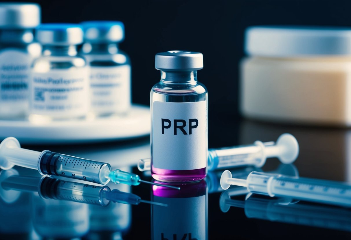 A vial of PRP surrounded by medical equipment and a syringe, with a focus on the process of PRP injections