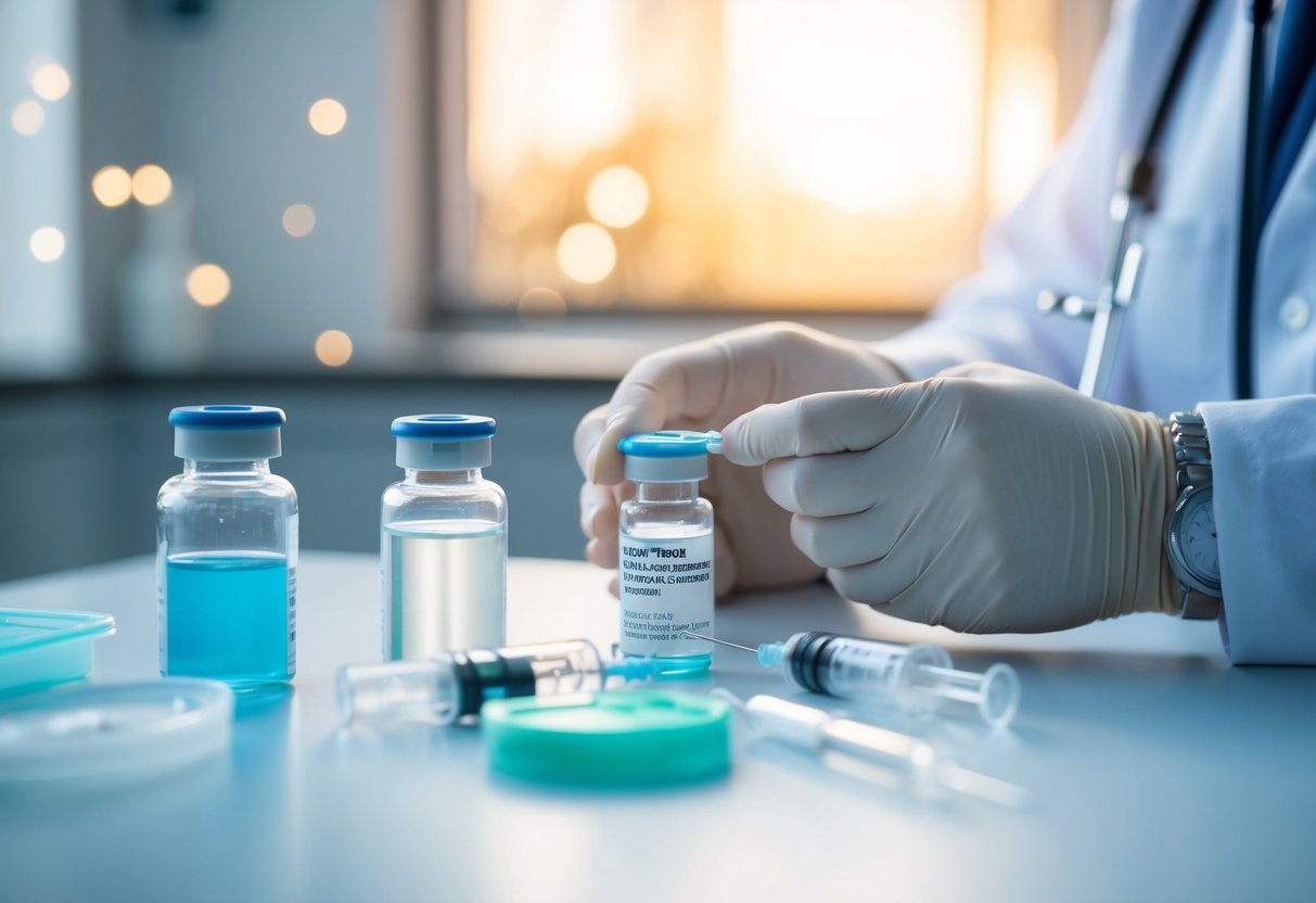 A medical professional preparing a PRP injection, with vials, syringes, and a sterile workspace