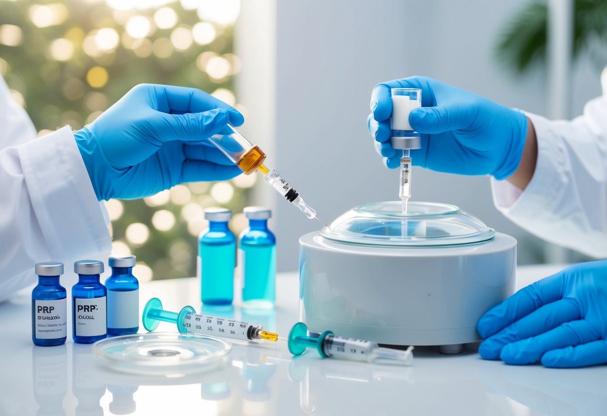 A medical professional prepares a PRP hair treatment injection, surrounded by vials, syringes, and a centrifuge in a sterile clinic setting