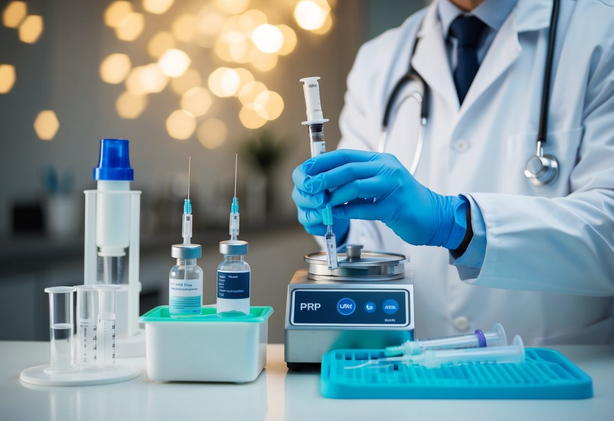 A medical professional setting up equipment for a PRP injection, including vials, syringes, and a centrifuge