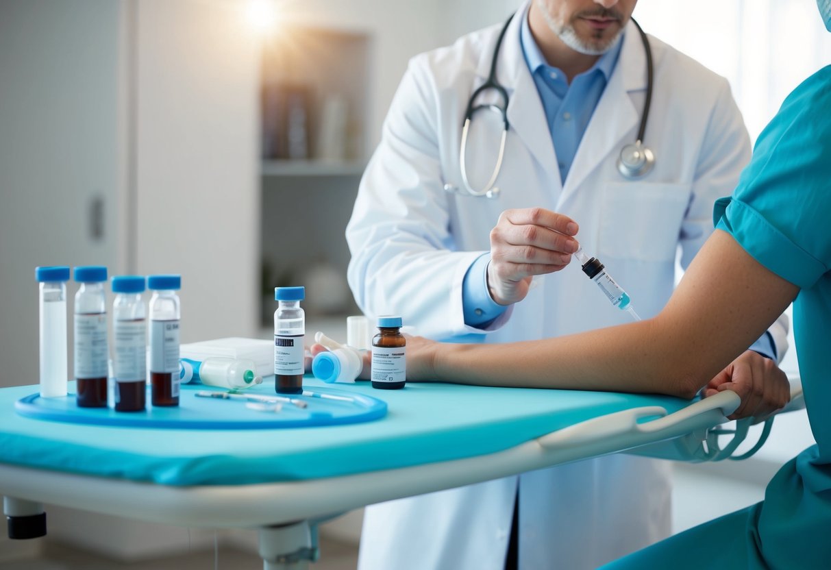 A medical table with sterile equipment and vials of blood, a doctor preparing a PRP injection, and a patient's arm ready for the procedure