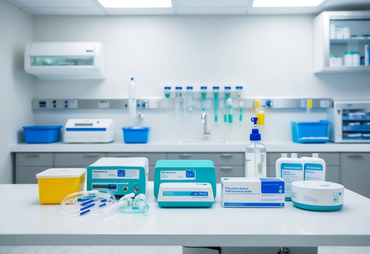 A sterile medical environment with PRP equipment and supplies neatly arranged on a clean, white surface