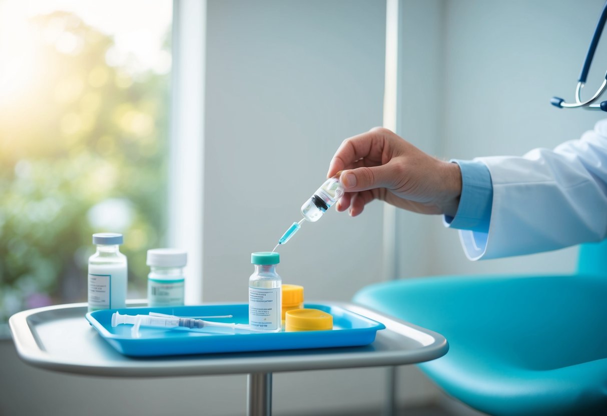 A serene setting with a medical chair and a tray of medical supplies. A doctor's hand is seen preparing a PRP injection