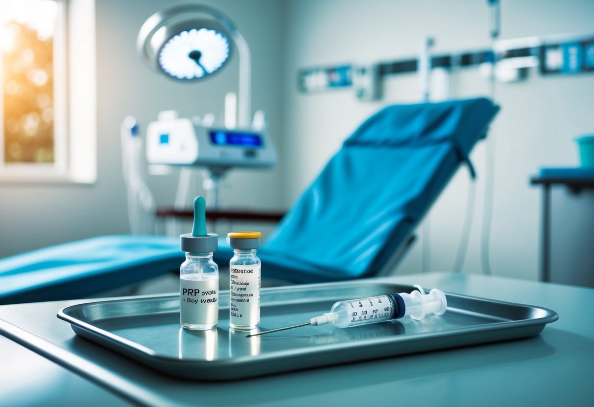 A sterile medical room with a reclining chair, medical equipment, and a vial of PRP solution on a tray. A doctor and a patient are not present