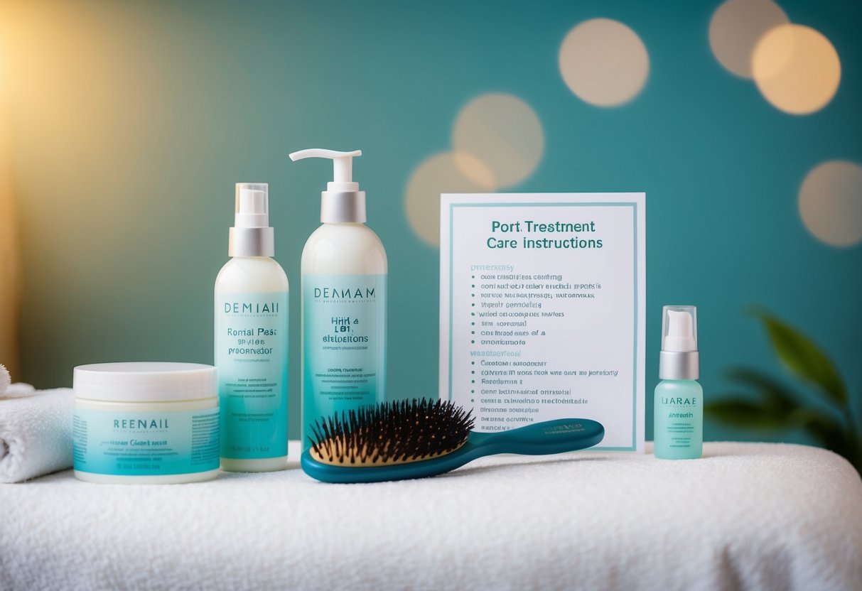 A serene, spa-like setting with a table holding hair care products, a hairbrush, and a detailed list of post-treatment care instructions