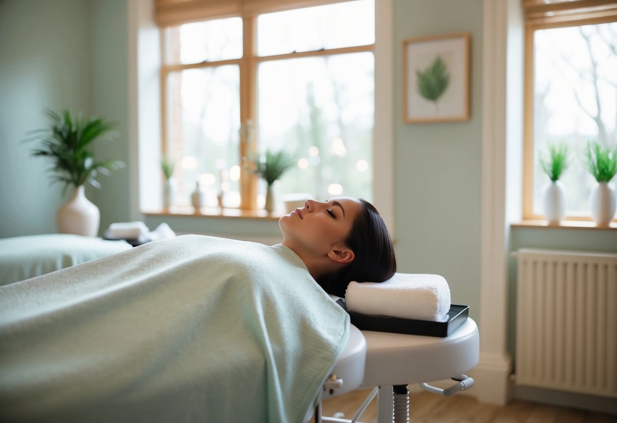 A serene spa room with a table set up for PRP hair treatment, surrounded by calming decor and natural light filtering in through the windows