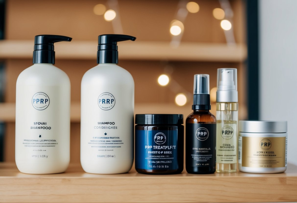 A shelf with hair care products arranged neatly, including shampoo, conditioner, and serum, with a bottle of PRP treatment displayed prominently