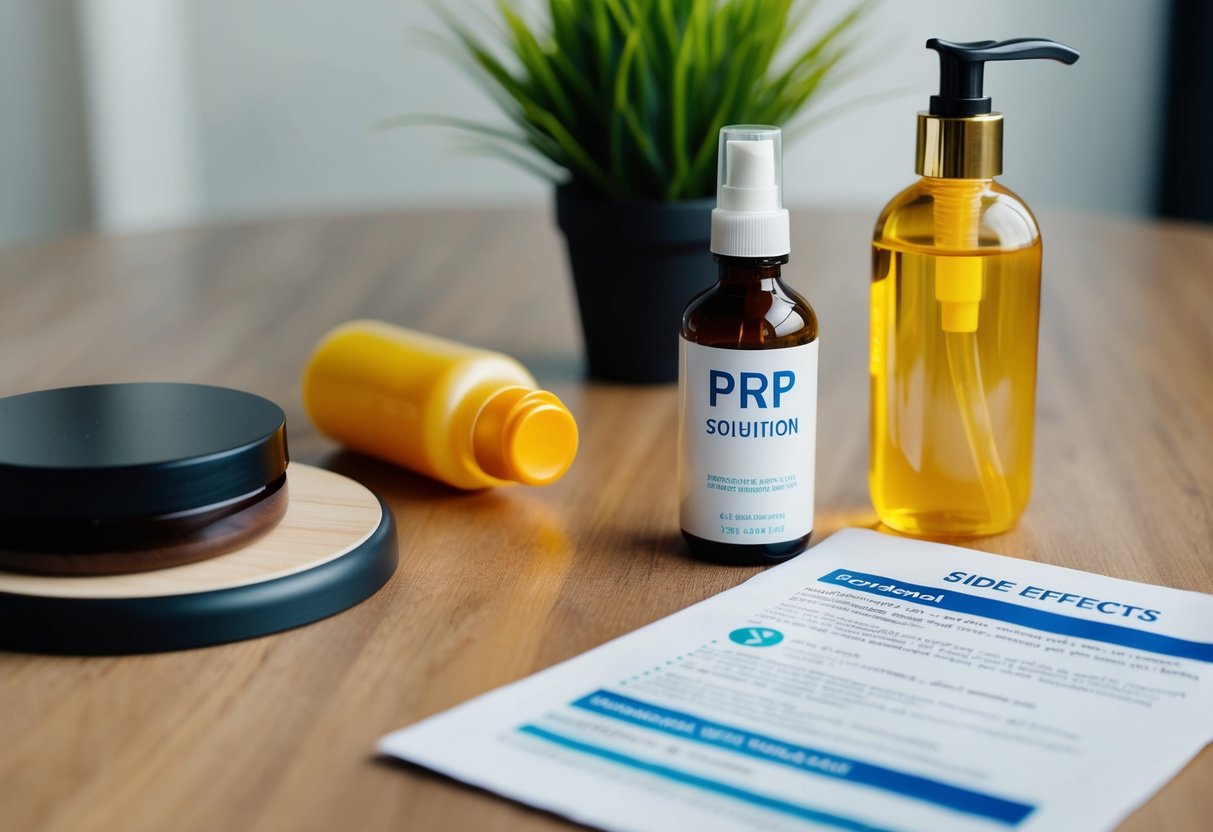 A table with hair care products, a bottle of PRP solution, and a leaflet on potential side effects