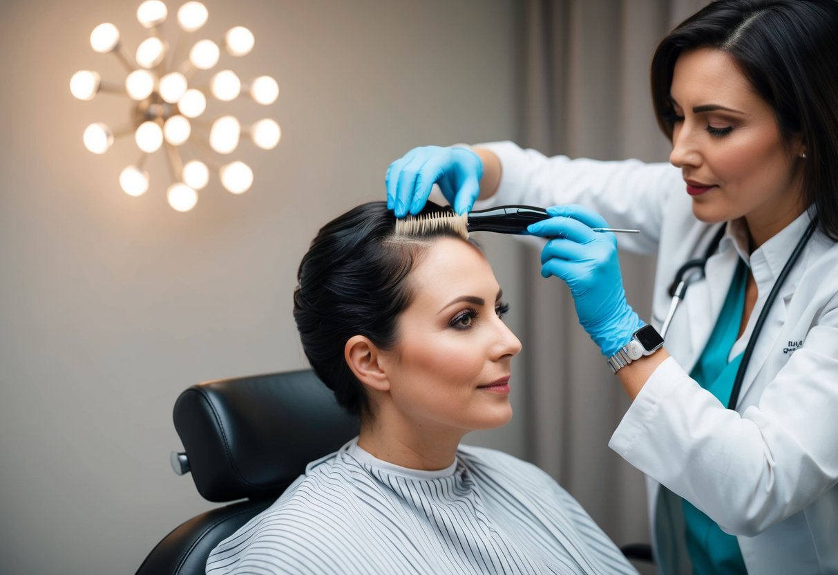 A person sitting in a chair with a medical professional applying a PRP hair treatment to the scalp