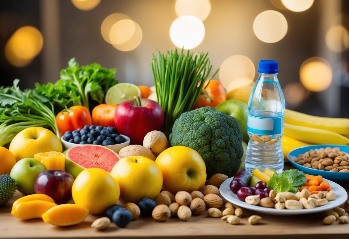 A table filled with fresh fruits, vegetables, lean proteins, and nuts. A bottle of water and a plate of colorful supplements are also on the table