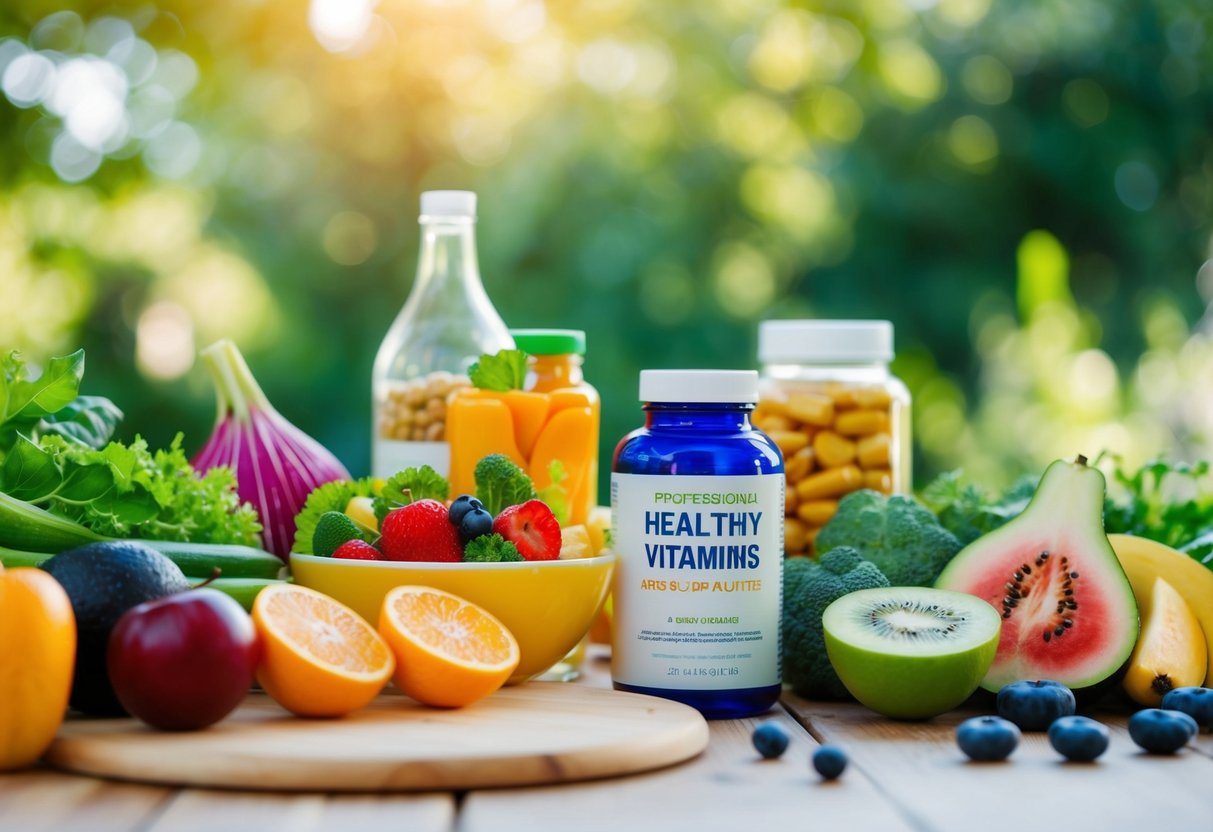 A table set with a variety of healthy foods, such as fruits, vegetables, and lean proteins, alongside a bottle of vitamins and supplements