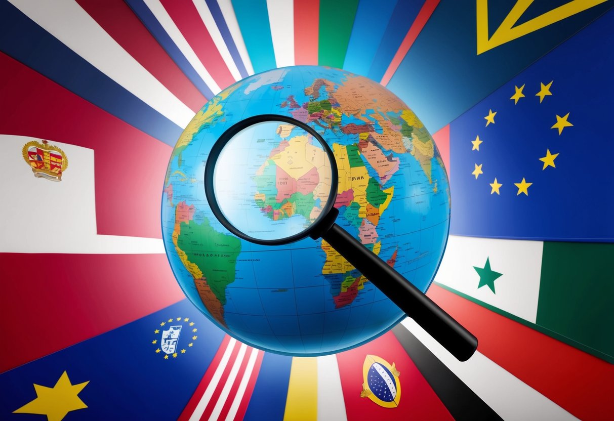 A globe surrounded by diverse flags, with a magnifying glass hovering over it, representing international keyword research