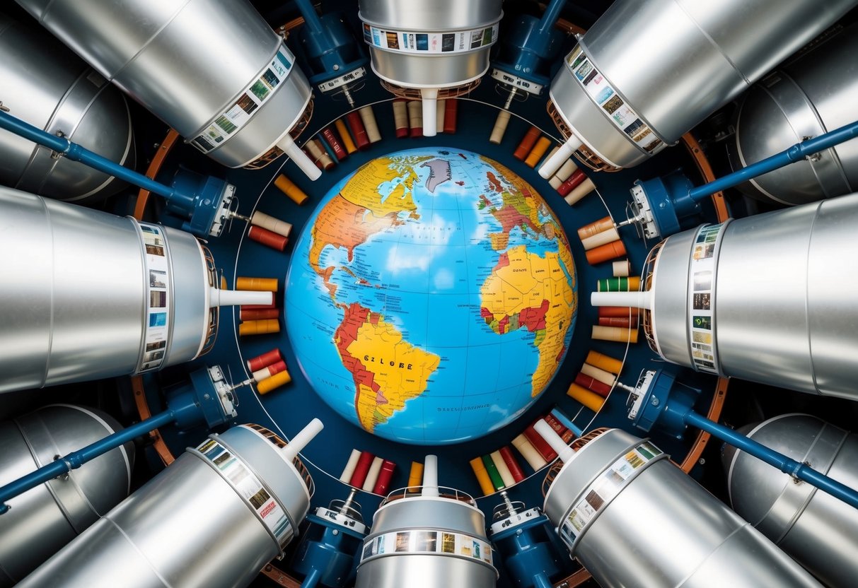 A globe surrounded by interconnected silos representing different countries and languages
