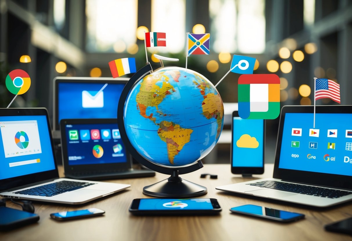 A globe surrounded by various electronic devices, with search engine logos and international flags displayed on screens