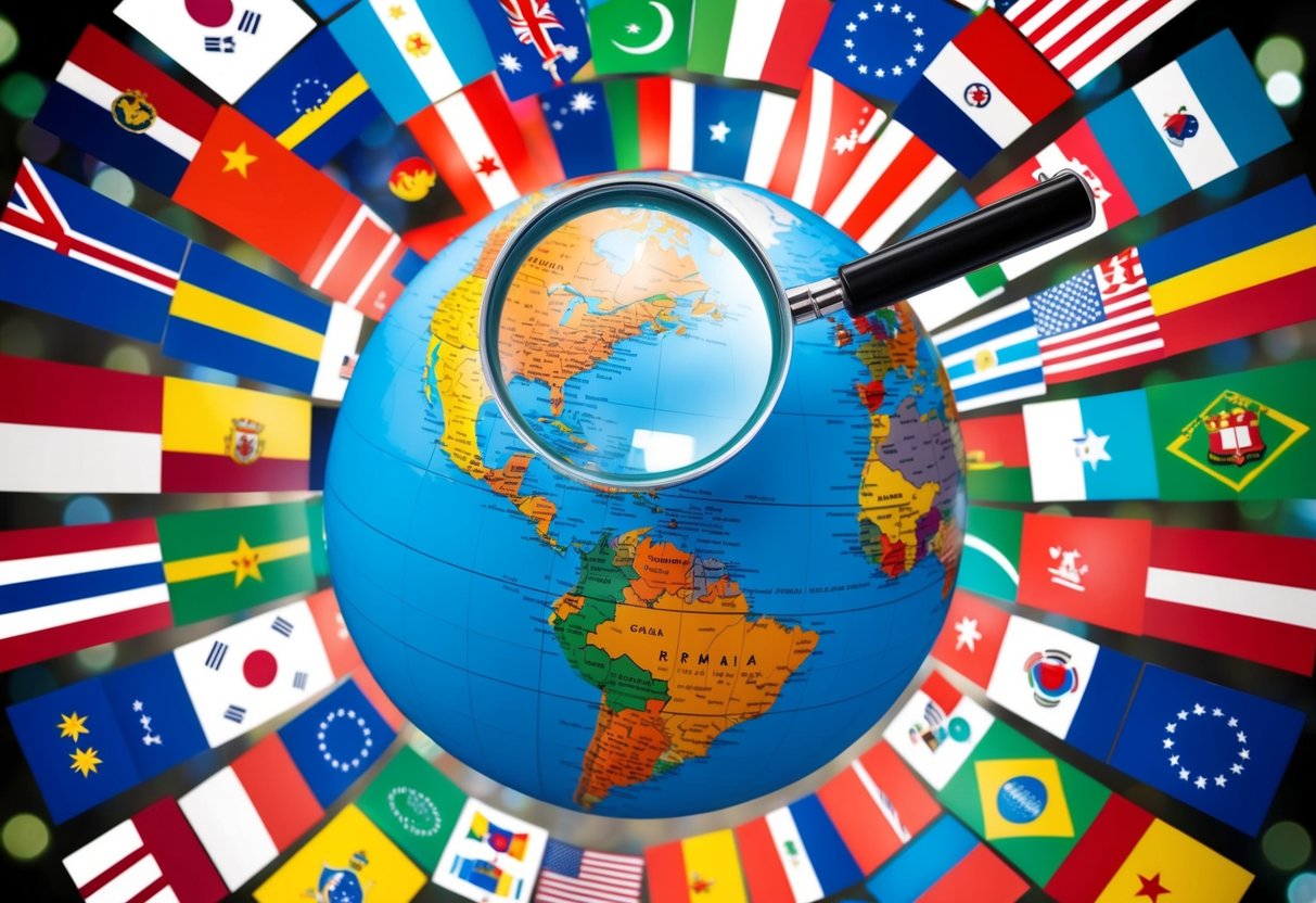 A globe surrounded by a variety of international flags, with a magnifying glass hovering over it, symbolizing keyword research and identification