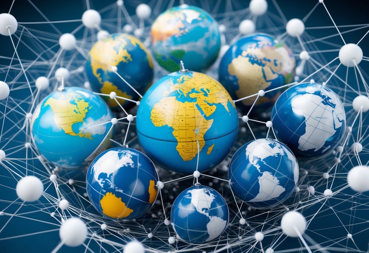 A network of interconnected globes representing different countries, each filled with unique content, surrounded by a web of SEO keywords and links