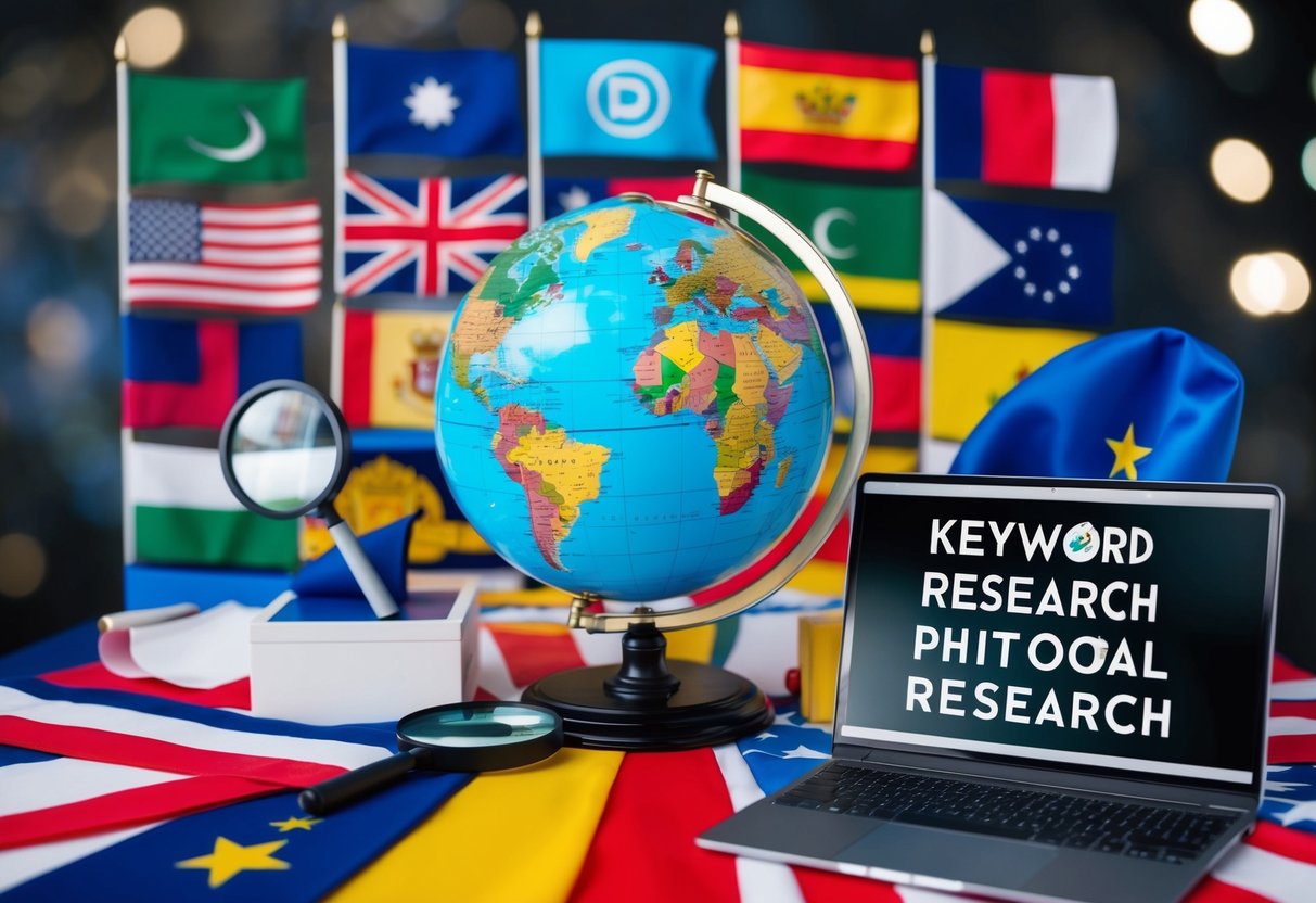 A globe surrounded by various flags, with a magnifying glass and a laptop displaying keyword research data